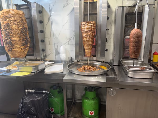 Restaurant kitchen operates shawarma equipment in Plovdiv, Bulgaria
