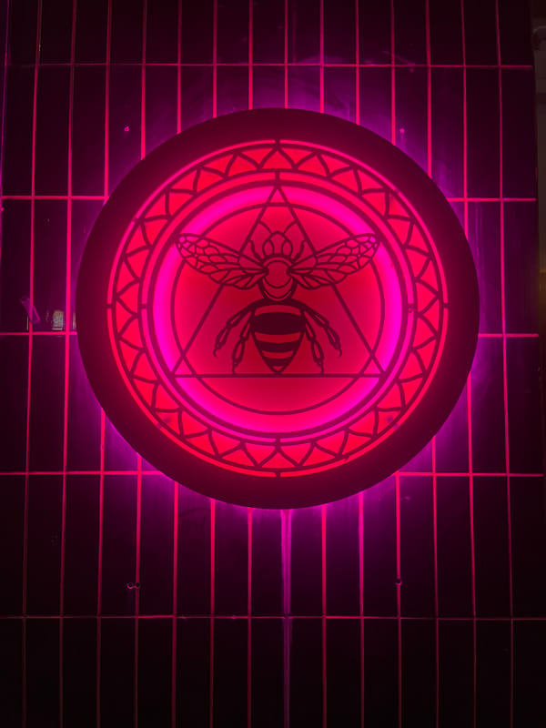 Pink neon bee sign spotted on dark wall