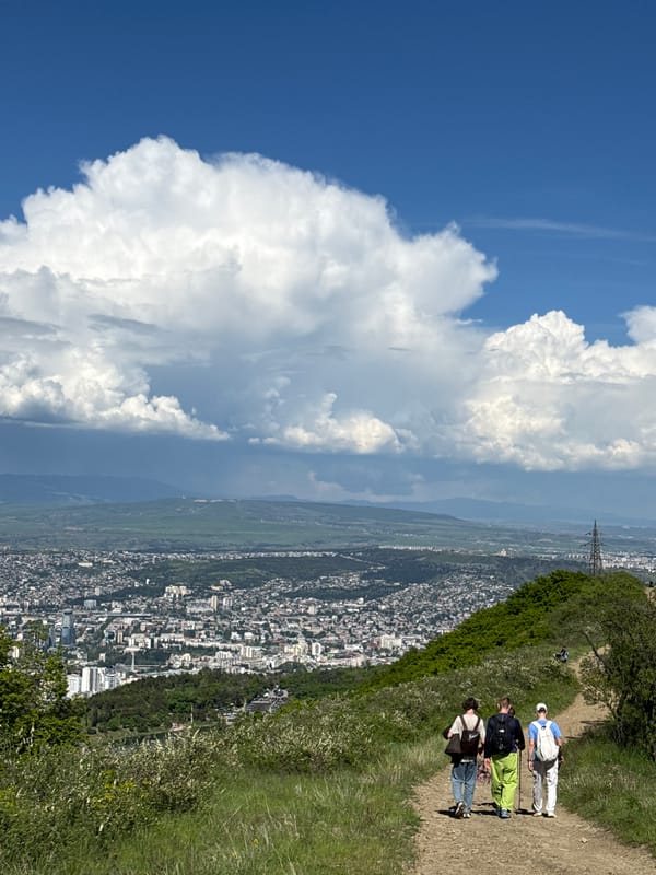 Hiker and dog explore Tbilisi hillside trails with city views