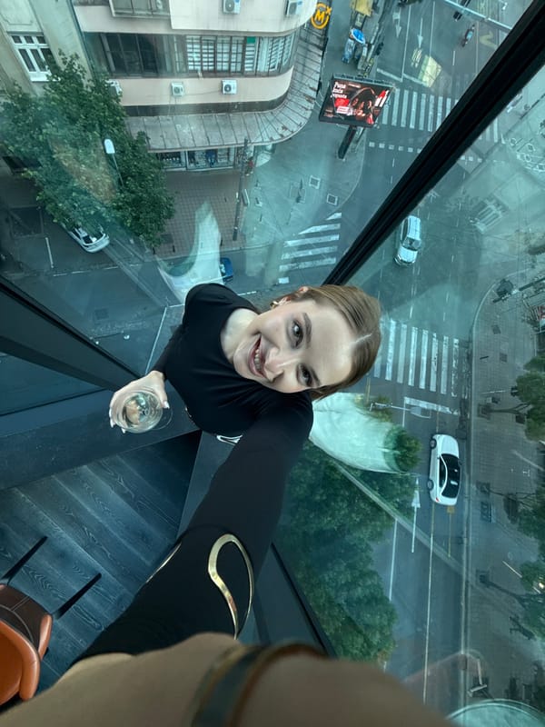 Woman takes wine selfies at Belgrade observation platform