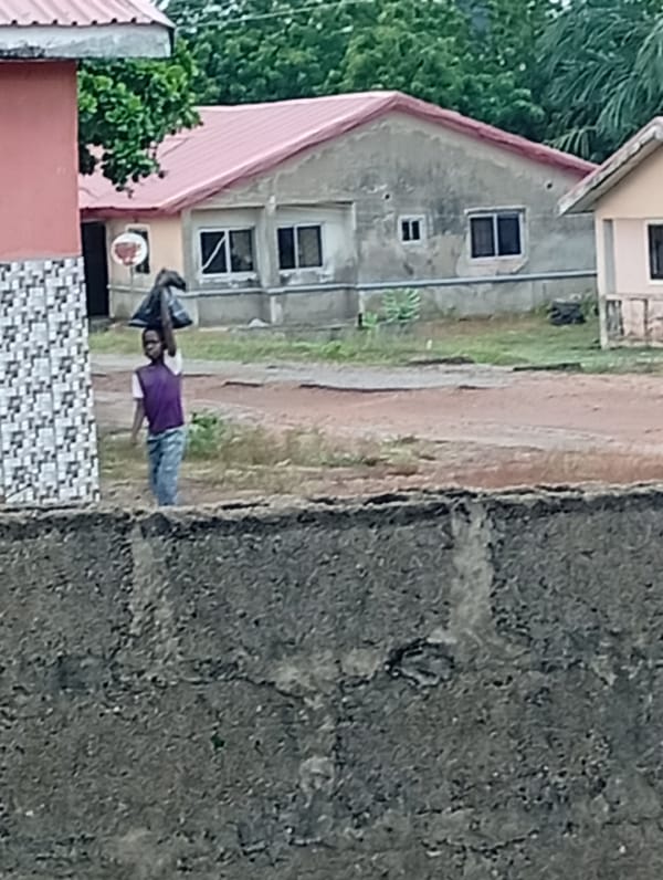 Person carries bag on head through residential area