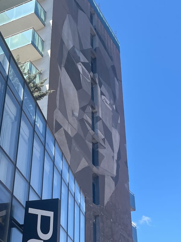 Modern geometric building photographed in Sofia under clear skies