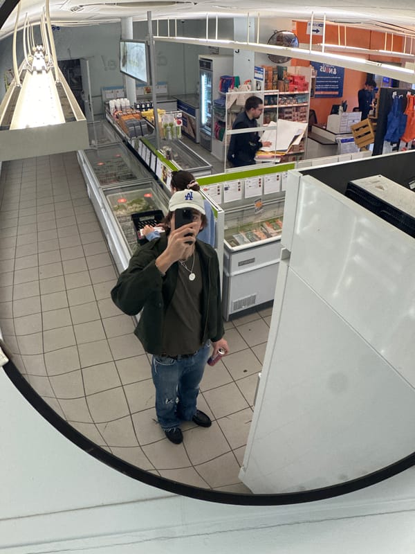 Shopper takes selfie in Paris grocery store mirror
