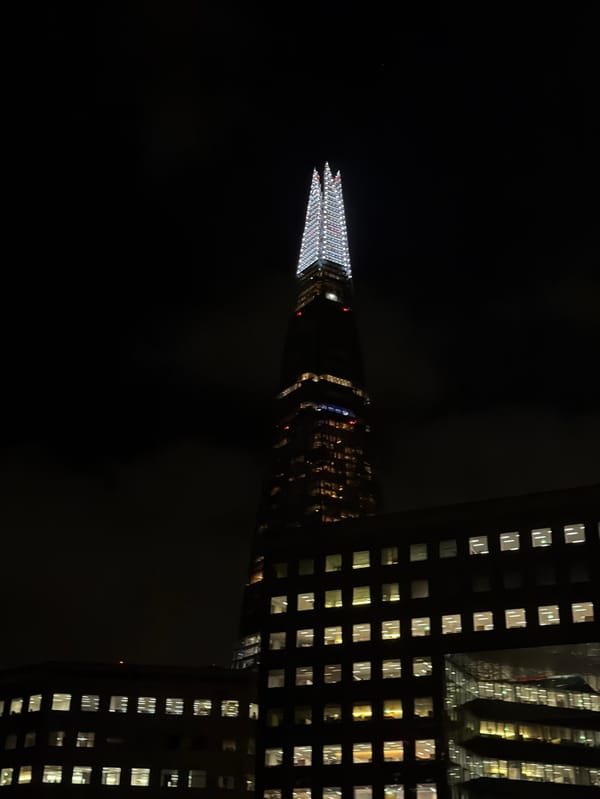 Shard's spire illuminated with bright white lights in London