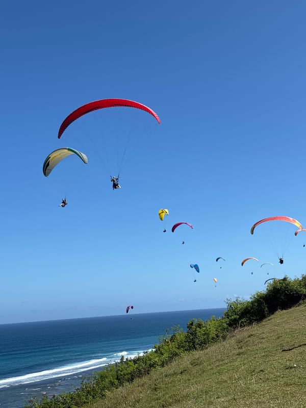 Paragliders soar over Kuta Selatan coastline during morning session