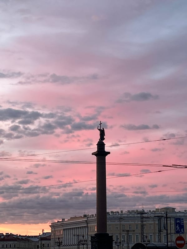 Palace Square at dusk, Alexander Column under a vivid evening sky