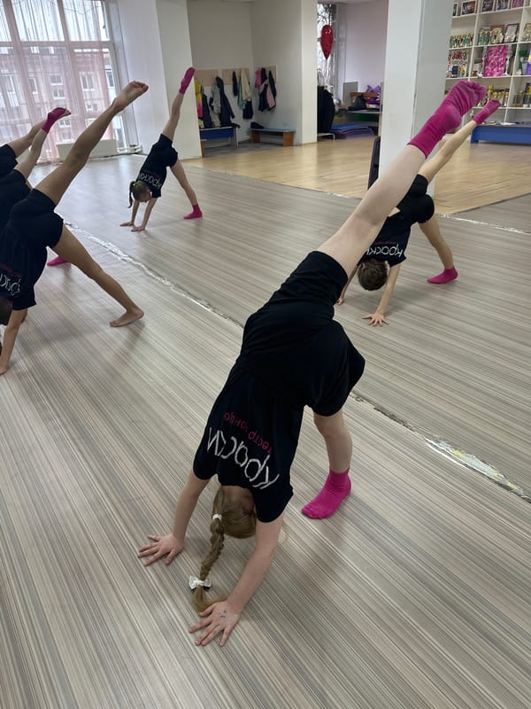 Young gymnasts practice stretching exercises in Votkinsk dance studio