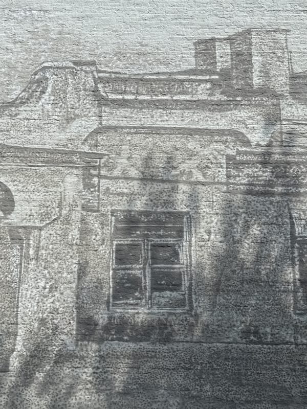 Moscow building mural with architectural details and tree shadows