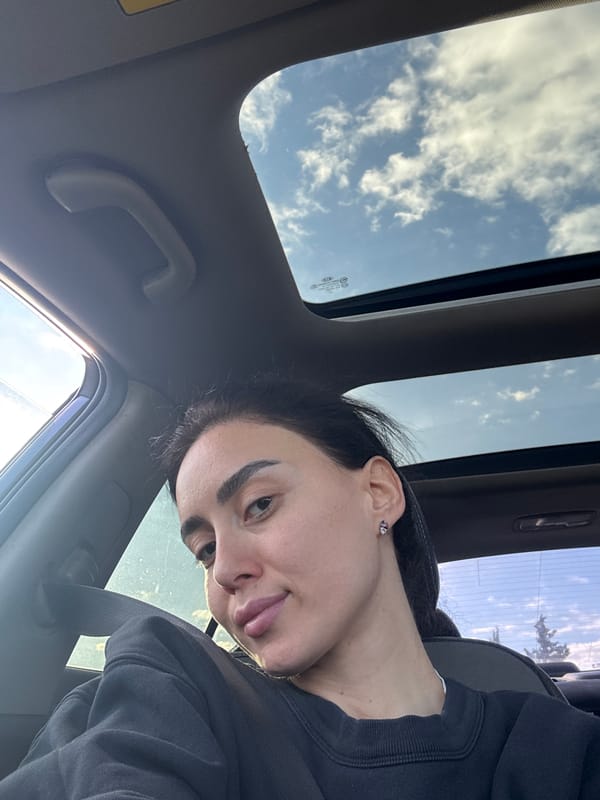 Woman photographed in car during early morning drive in Tbilisi