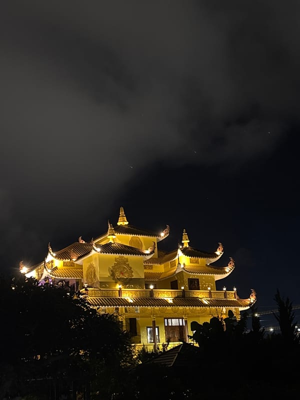 Ornate illuminated building with golden serpent decorations observed in Da Lat