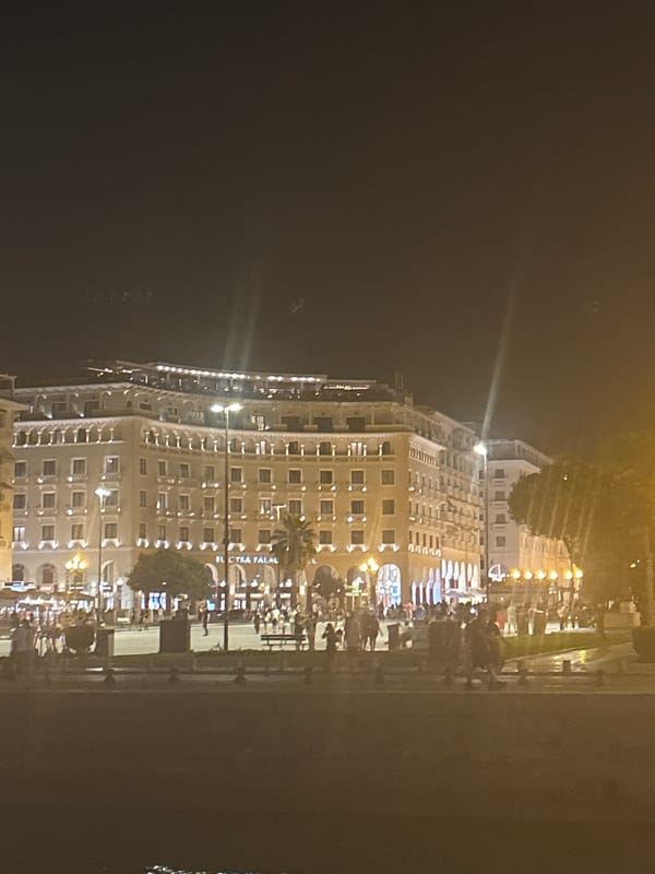Thessaloniki waterfront and landmarks at night