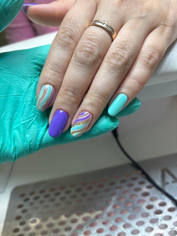 Manicured hand photographed with nitrile glove in rural Russia