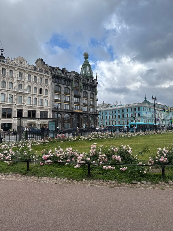 Nevsky Prospekt streetside lawn and classic Saint Petersburg architecture