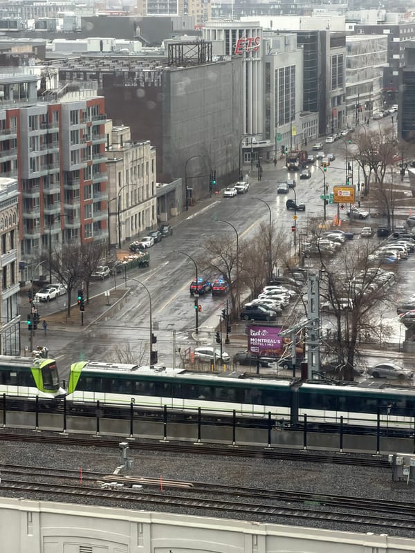 Aerial view captures rainy Montreal street scene