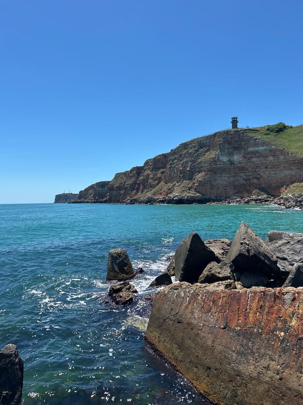 Coastal view with rocks and concrete structures in Balgarevo