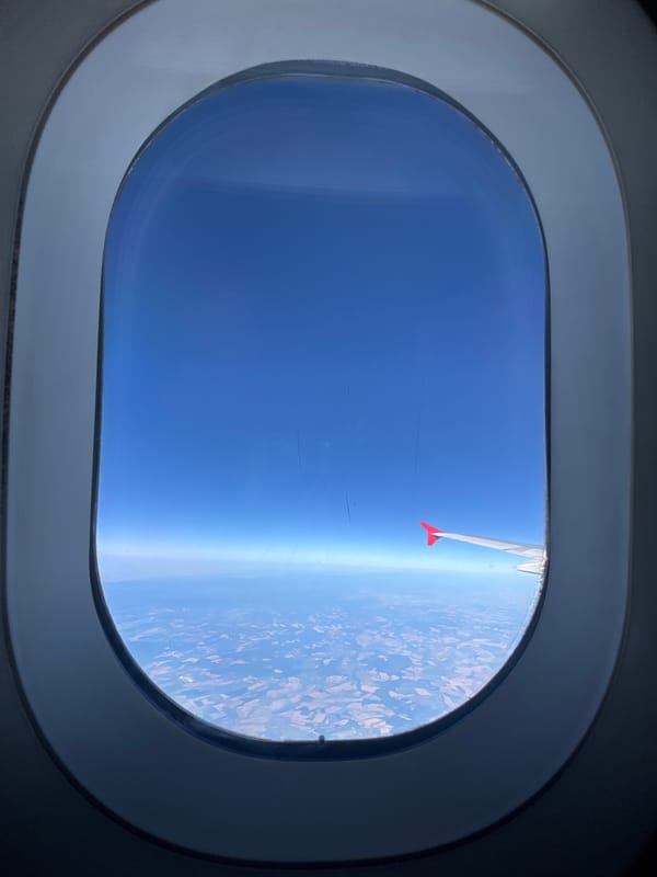 Aerial view of farmland patchwork through an airplane window