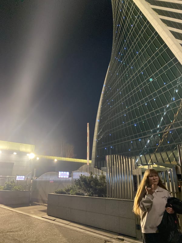 Evening scenes in Khimki feature person and parked Corvette