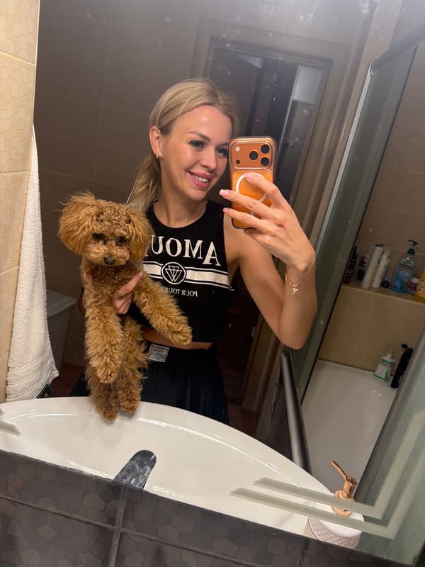 Kyiv evening: bathroom selfies, a poodle, and city streets at sunset