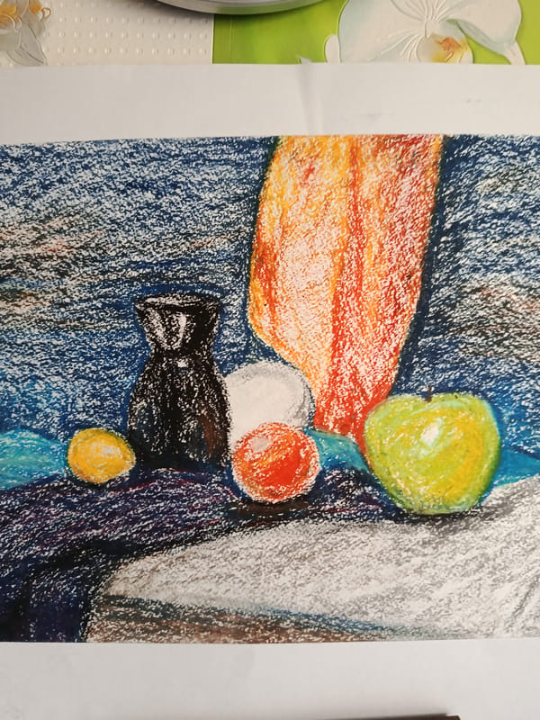 Still life artwork observed in Moscow featuring fruits and bottle