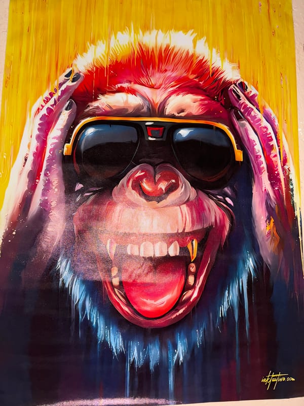 Chimpanzee painting with goggles spotted in Kravoder, Bulgaria
