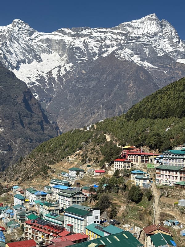 Namche Bazaar photographed against snow-capped Himalayan backdrop