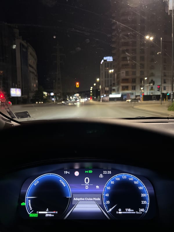 Night drive dashboard display in Sofia at 22:35