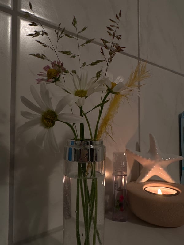 Person documents bathroom wildflower arrangements in Krefeld, Germany