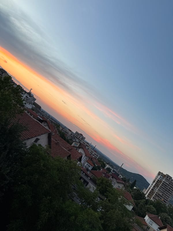 Sunset over Vratsa rooftops, shot from above
