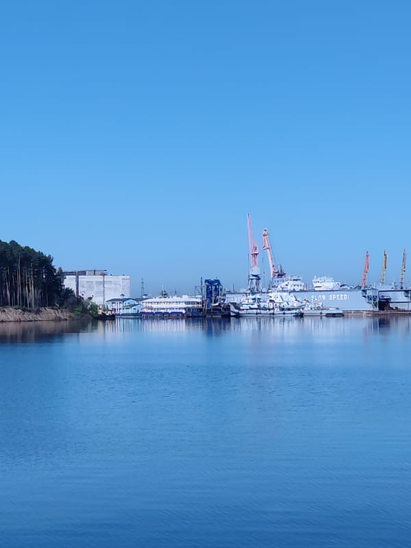 Harbor scene with ships and industrial structures documented