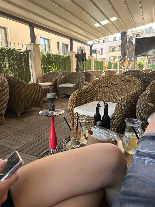 Afternoon café terrace time in Sofia, with art in hand