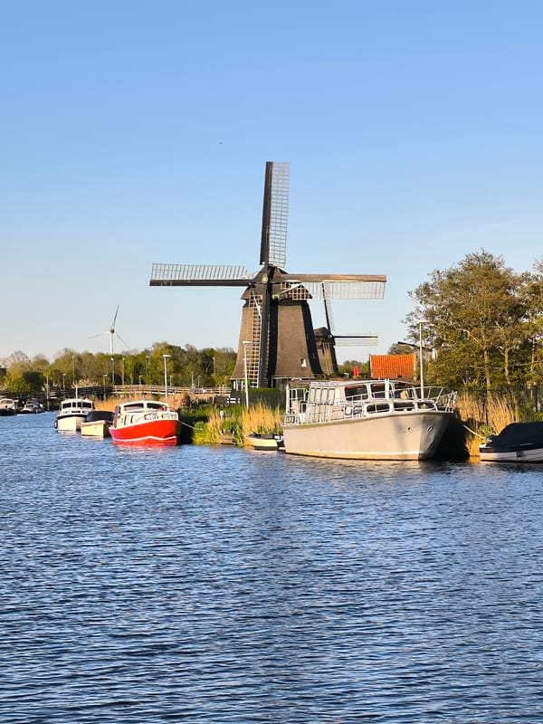 Traditional windmill photographed along Alkmaar canal under clear skies
