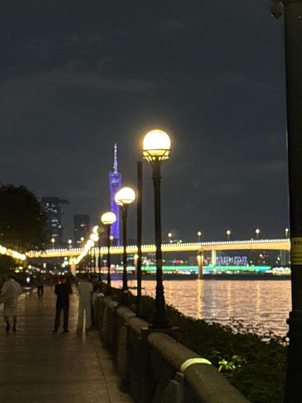 Individual observed at Guangzhou Pearl River waterfront during evening hours