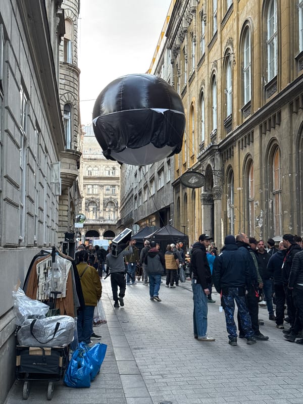 Film production spotted on Budapest street with suspended equipment