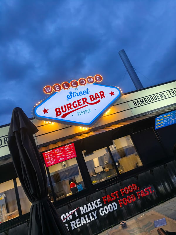 Twilight scene captured at Street Burger Bar in Plovdiv