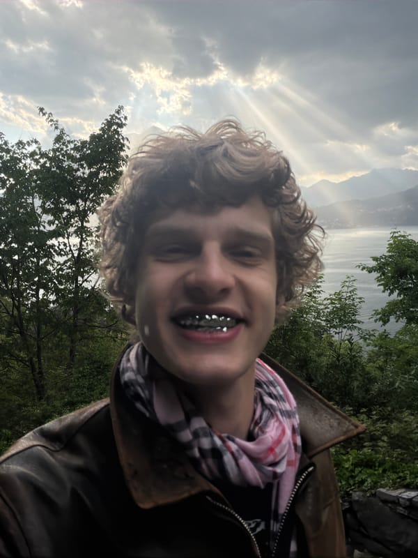 Person photographed overlooking Lake Como in overcast conditions
