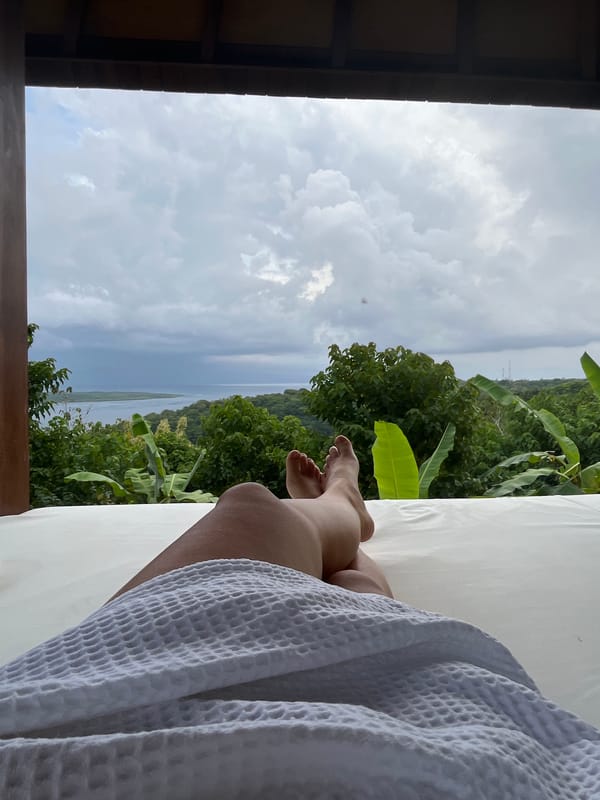 Tourist documents peaceful morning at Nusa Penida tropical accommodation