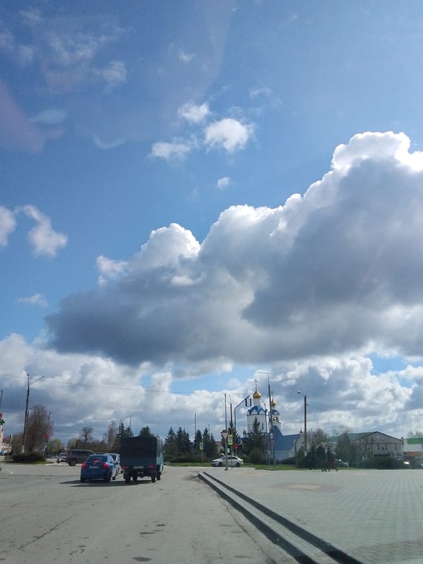 Dramatic cloud formations observed over Khlevnoye, Russia morning streets