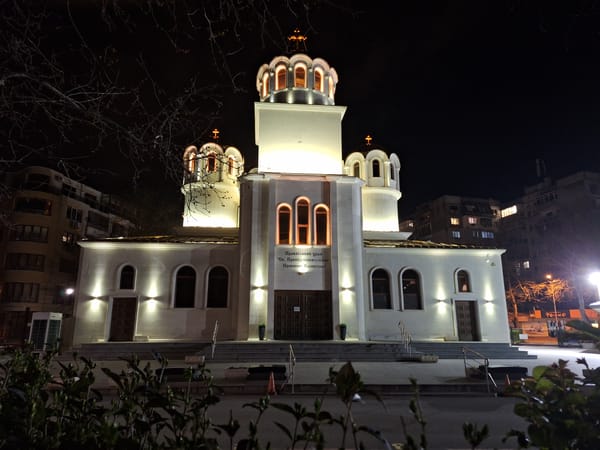 Orthodox churches illuminated at night in Varna, Bulgaria