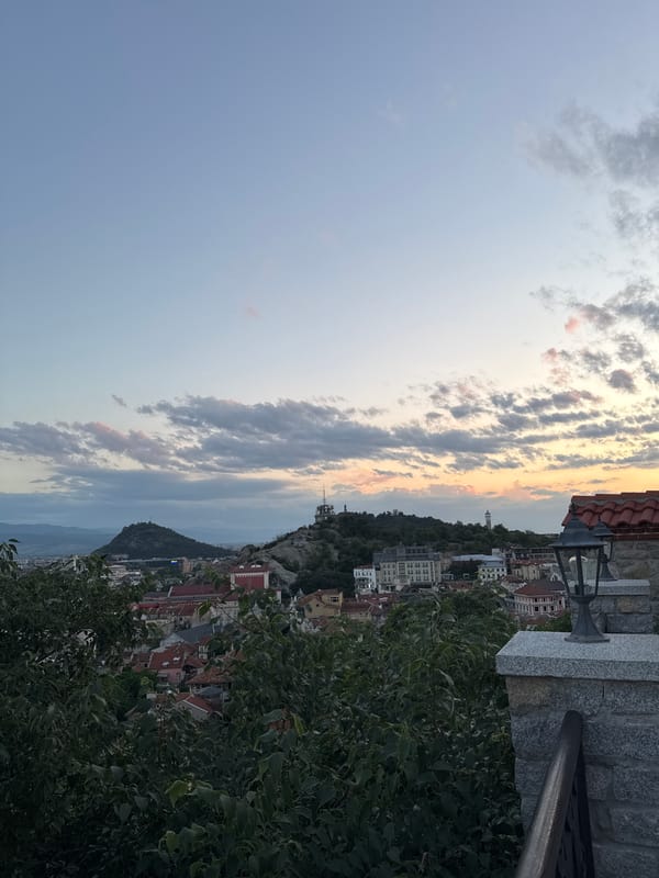 Evening twilight scenes documented across historic Plovdiv, Bulgaria