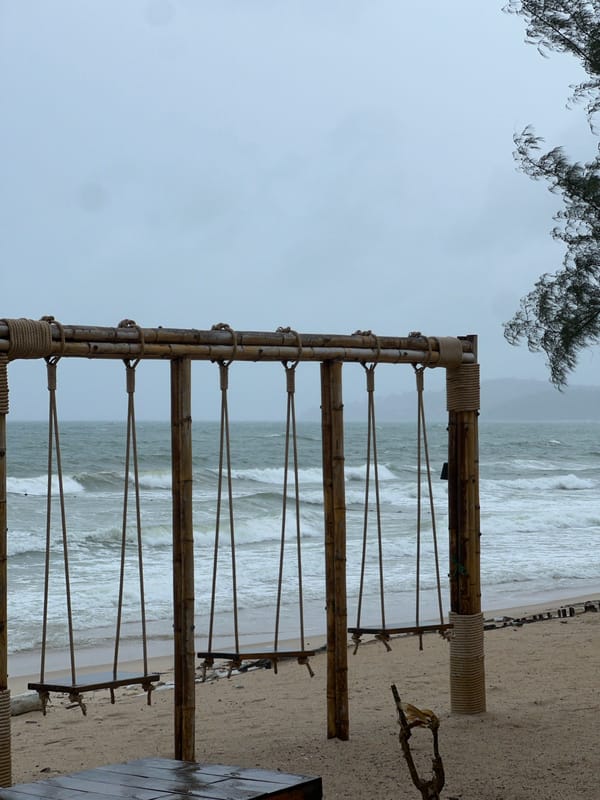 Beach scene with bamboo structure captured under overcast skies