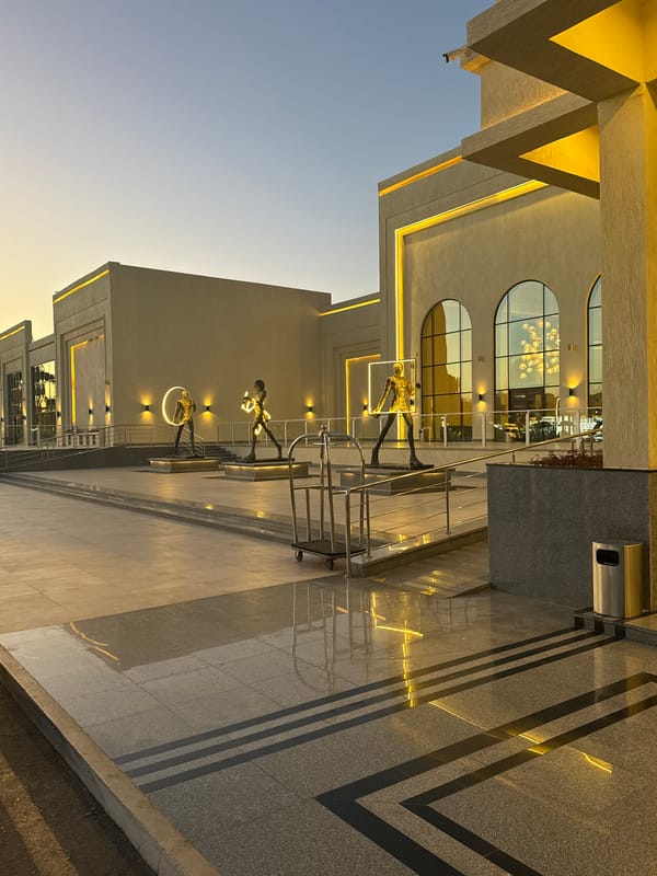 Golden hour illuminates modern plaza in Egypt