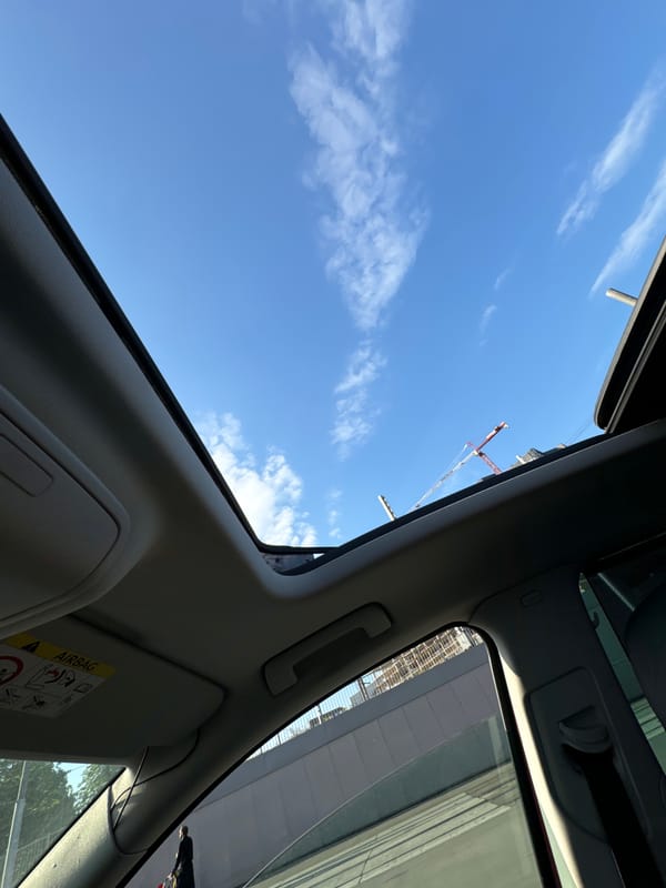 Moscow driver captures skyward view through sunroof, crane visible