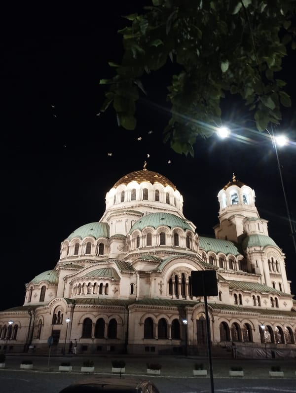 Alexander Nevsky Cathedral documented at night with surrounding grounds