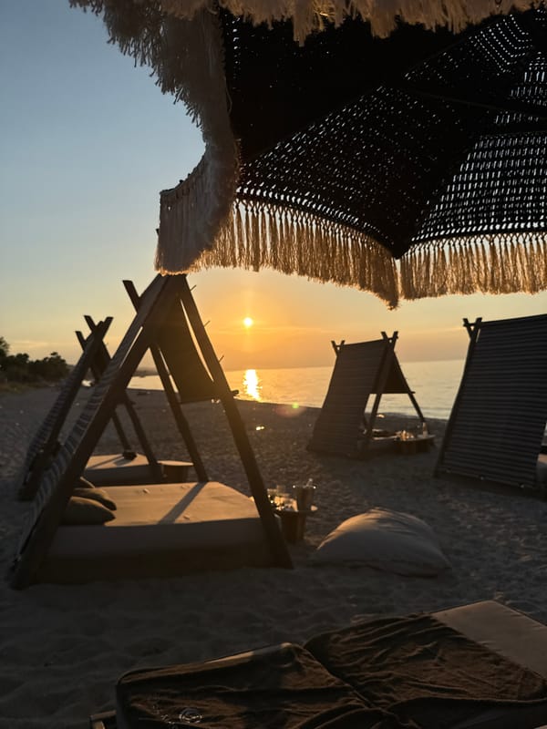 Greek beach club at golden hour, Pallini
