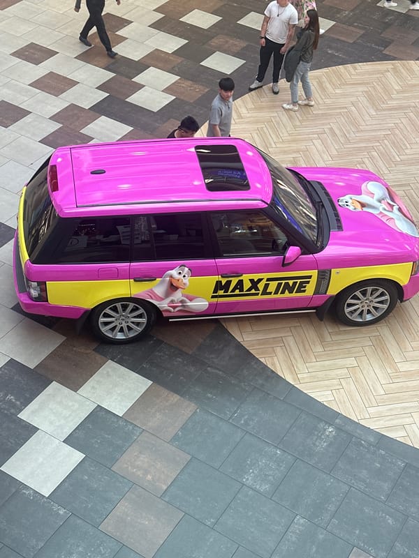 Pink Range Rover with cartoon graphics displayed in Minsk mall