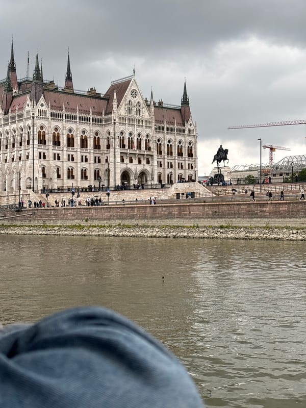 Tourist documents Budapest landmarks from Danube River boat tour