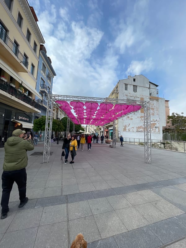 Afternoon stroll through Plovdiv captures umbrellas, ice cream, city views