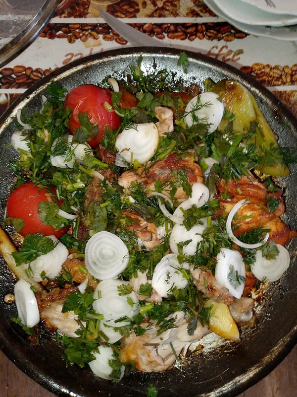 Overhead shots of chicken and vegetable plates on two dishes