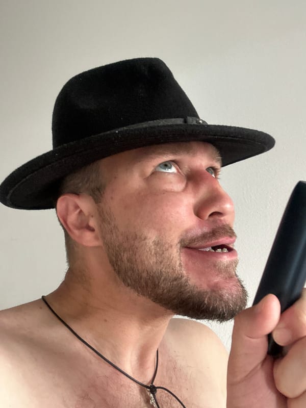 Goofy indoor selfie session with Russian text cards, Belgrade
