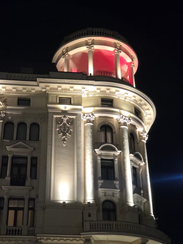 Warsaw's historic hotels illuminated in nighttime architectural display